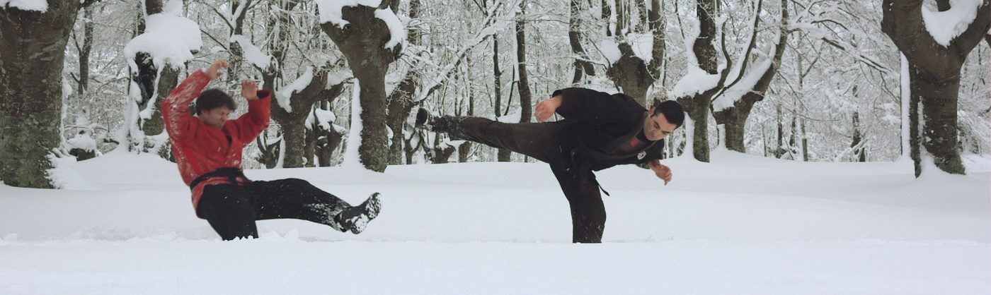 Proyección de sambo sobre la nieve en un hayedo